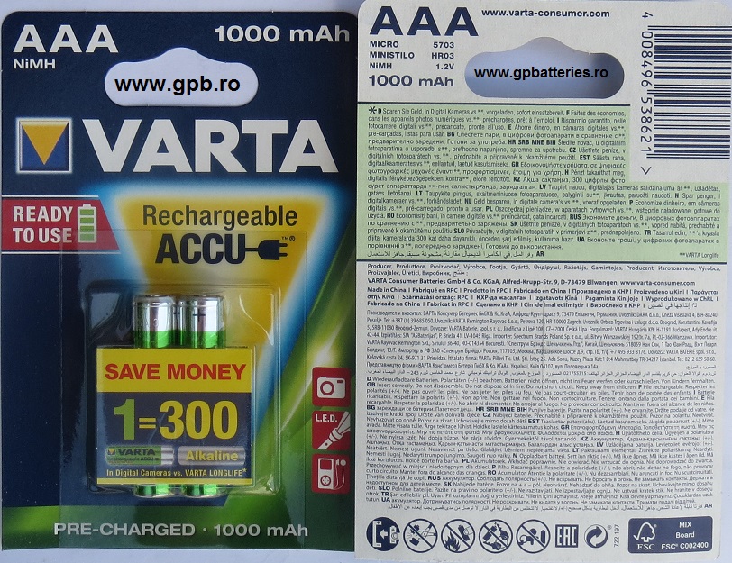 Acumulator VARTA Ready 2 Use AAA 1000mA 5703 blister 2